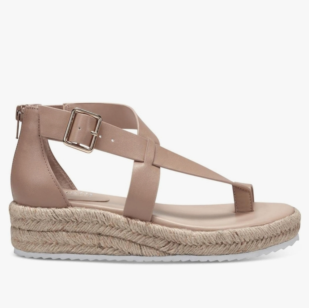 NWT Alfani Womens Moira Faux Leather Toe Loop Wedge Sandals Beige Size 7